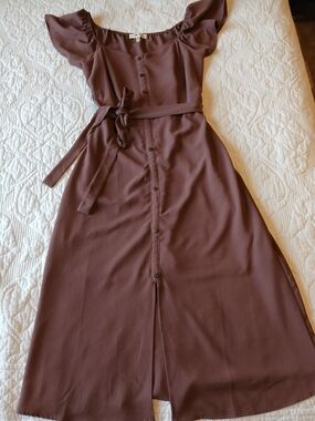 Monteau Mauve-Brown Button-Front Midi Dress with Tie Waist